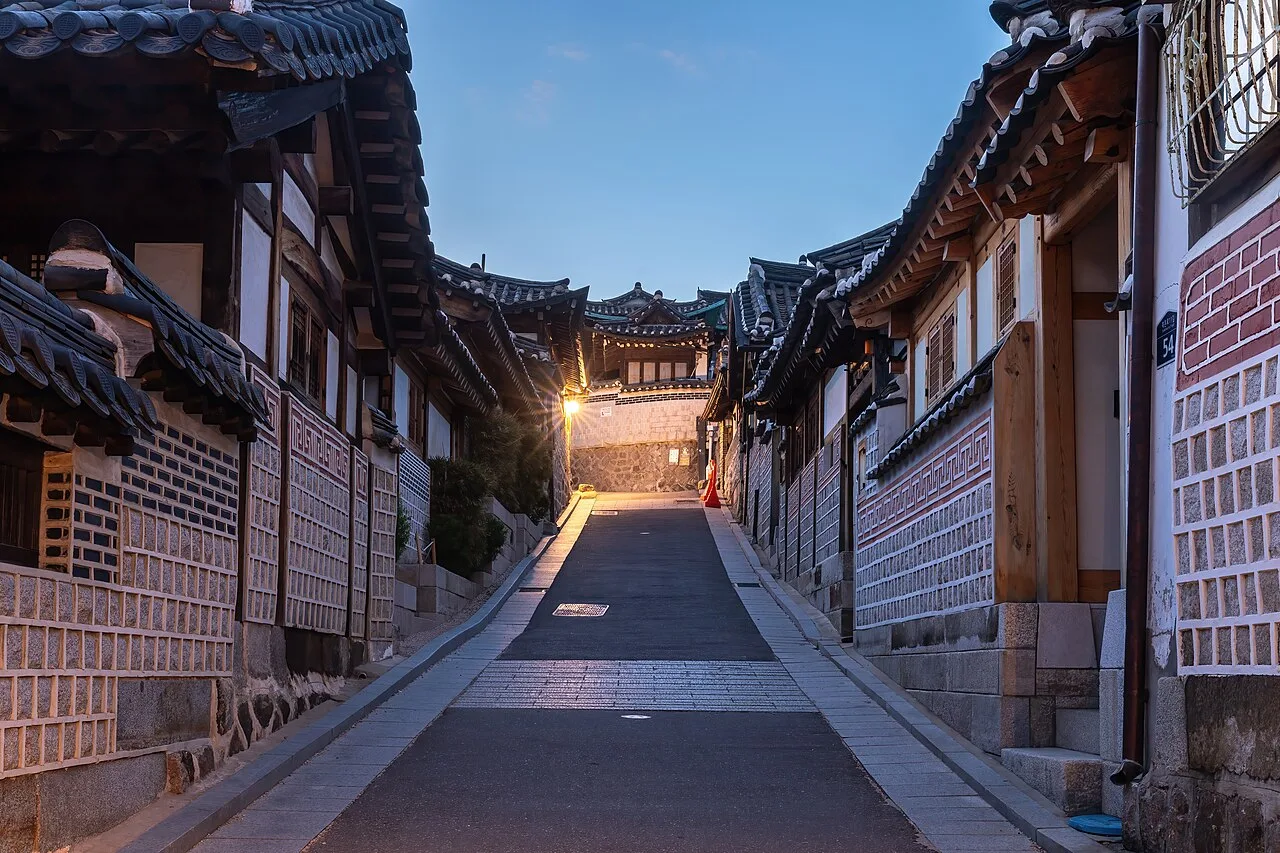Traditional hanok rooftops at blue hour, Bukchon village, Seoul