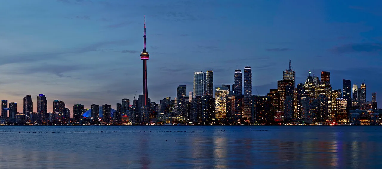 Toronto skyline and CN Tower at sunset from the islands