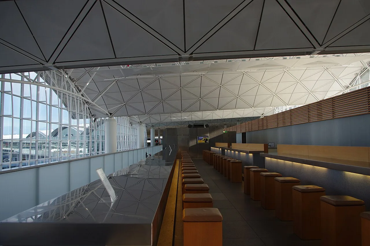 The Long Bar inside The Wing, Cathay Pacific's first-class lounge at Hong Kong International Airport.
