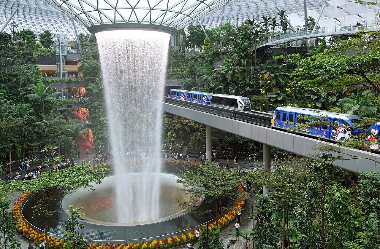 Rain Vortex waterfall inside Jewel at Singapore Changi Airport.