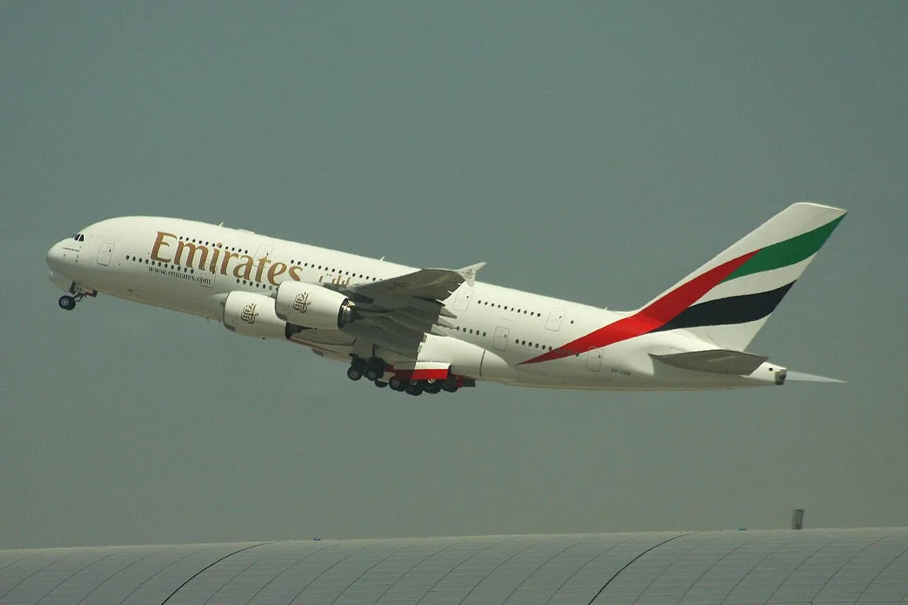 Emirates Airbus A380 at Dubai International — Terminal 3 lounge hub.