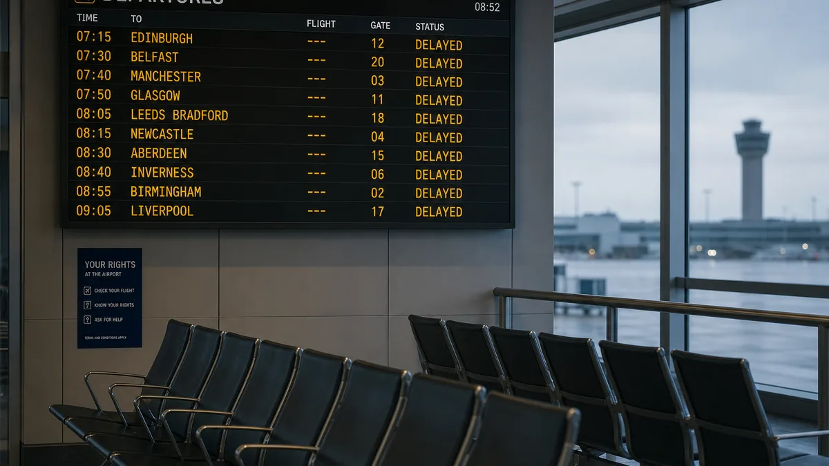 Airport departure board with delayed flights — easyJet UK261 compensation claim guide (AI-generated illustration)