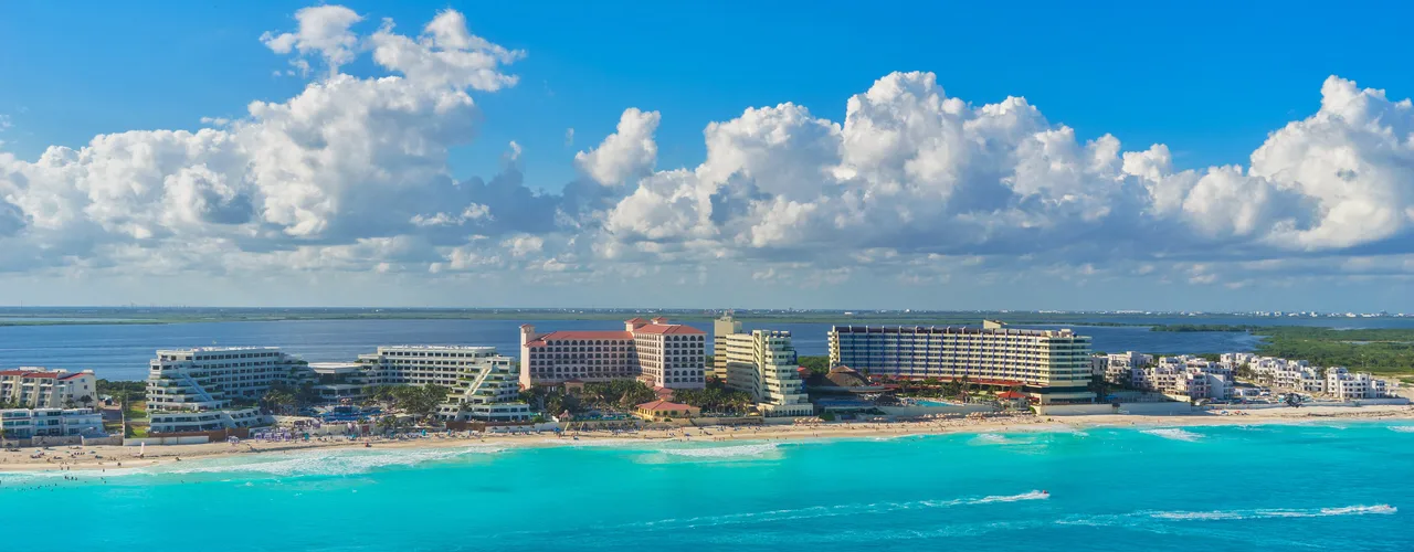 Cancún Hotel Zone resort towers along the coast
